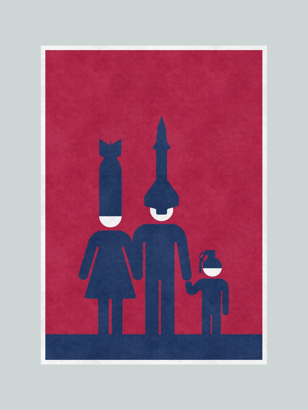 Political art poster showing a family wearing missile-shaped helmets — visual commentary on war, propaganda and silent consent