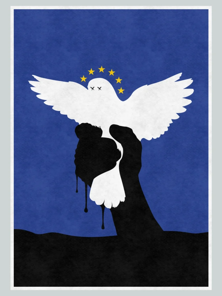 Anti-war artwork showing a peace dove held by an oil-covered hand — visual commentary on oil, power and global conflict