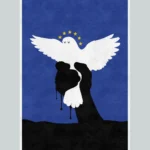 e dove held by an oil-covered hand — visual commentary on oil, power and global conflict