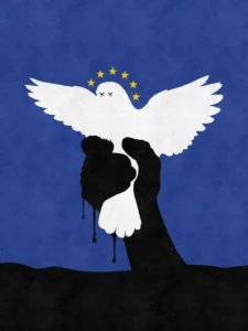 A dove held by an oil-covered hand — visual commentary on oil, power and global conflict