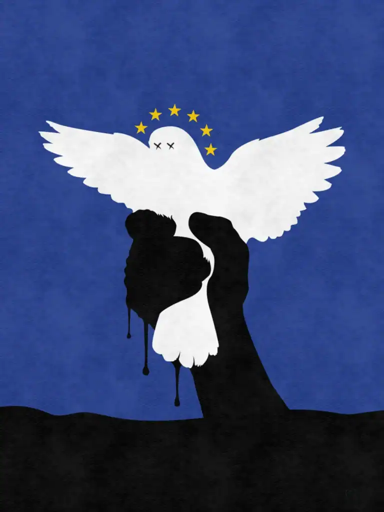 A dove held by an oil-covered hand — visual commentary on oil, power and global conflict