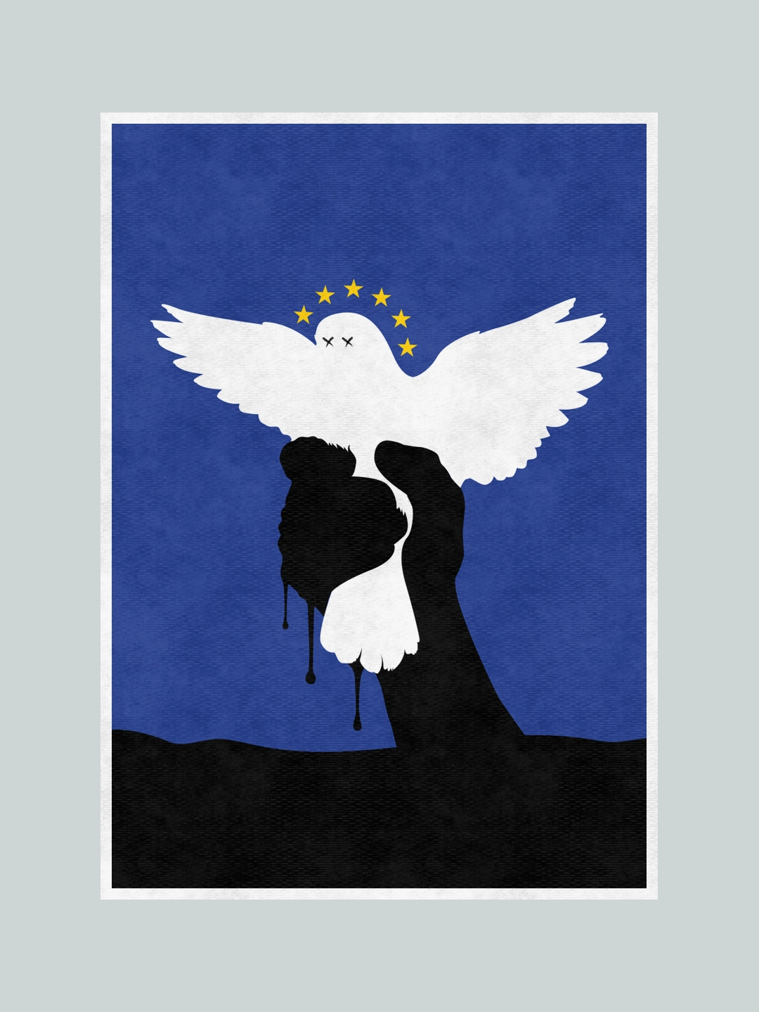 e dove held by an oil-covered hand — visual commentary on oil, power and global conflict