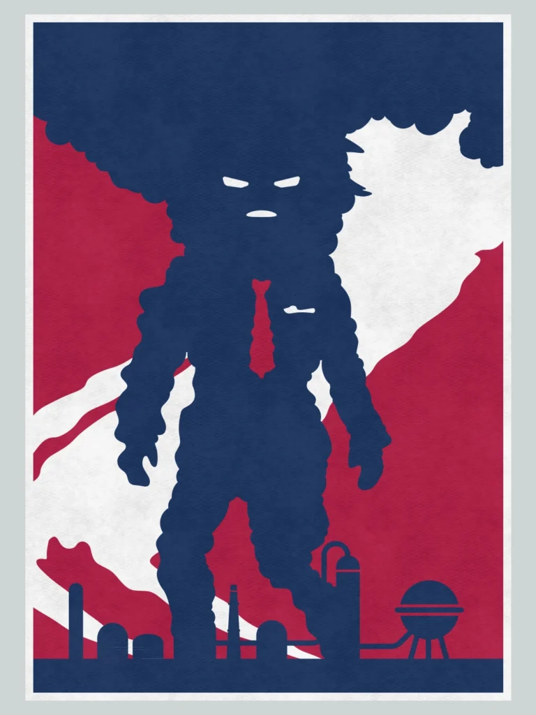 War art illustration showing smoke from industrial chimneys forming a powerful human figure — visual commentary on war, industry and hidden power