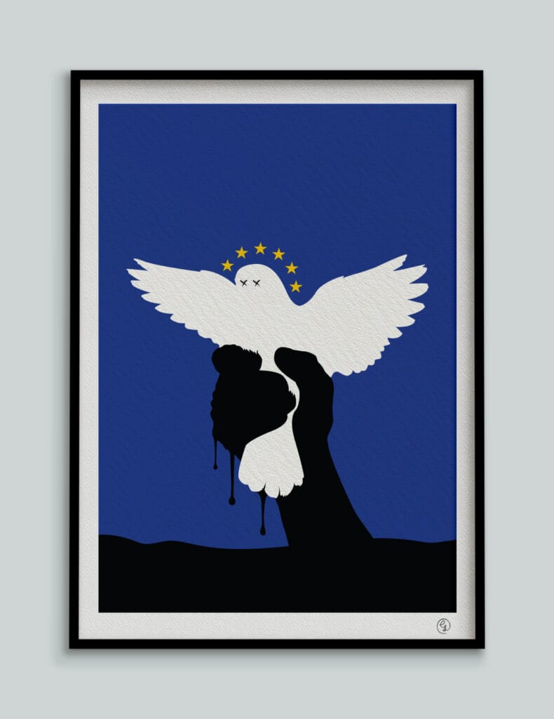 Anti-war artwork showing a peace dove held by an oil-covered hand — visual commentary on oil, power and global conflict