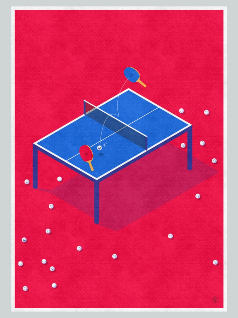 Conceptual digital culture poster showing AI ping pong paddles bouncing human-faced balls in an endless loop
