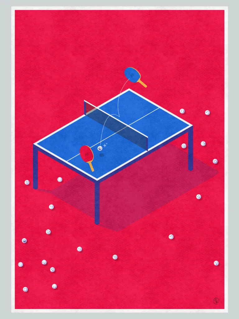 prompt-pong-digital-culture-poster-nosebonk.webp Conceptual digital culture poster showing AI ping pong paddles bouncing human-faced balls in an endless loop
