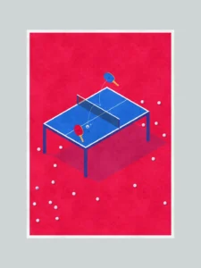 Conceptual digital culture poster showing AI ping pong paddles bouncing human-faced balls in an endless loop