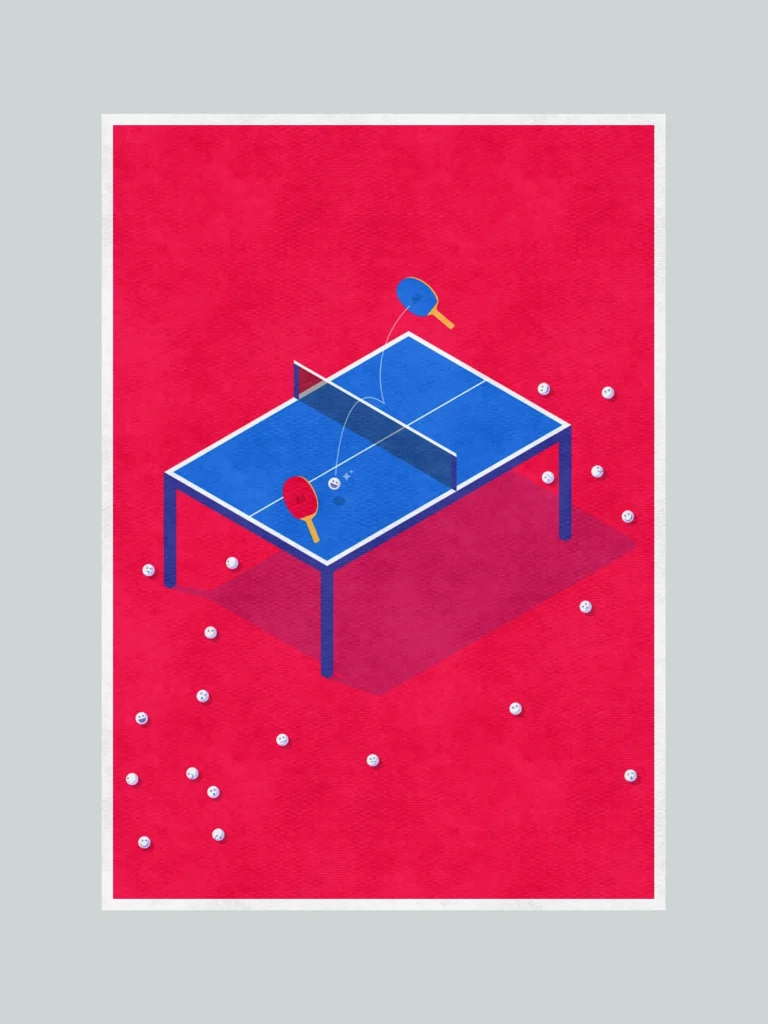 Conceptual digital culture poster showing AI ping pong paddles bouncing human-faced balls in an endless loop
