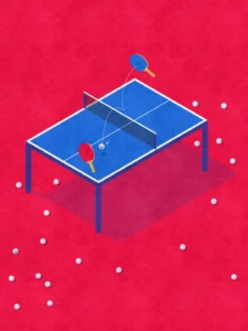 Conceptual digital culture poster showing AI ping pong paddles bouncing human-faced balls in an endless loop