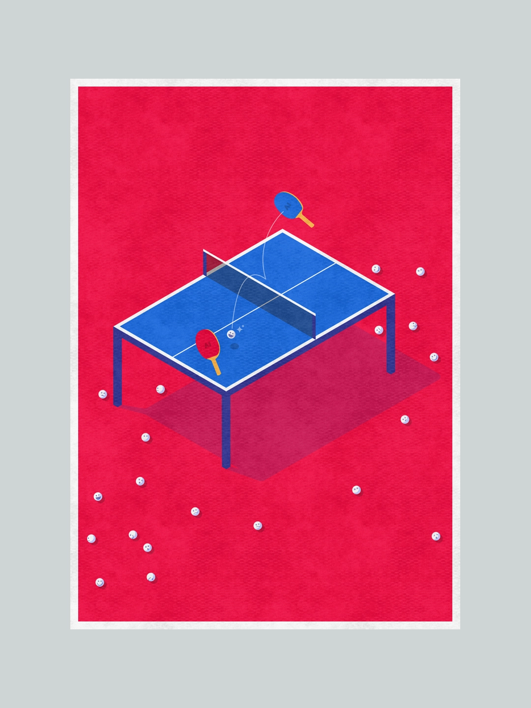 Conceptual digital culture poster showing AI ping pong paddles bouncing human-faced balls in an endless loop