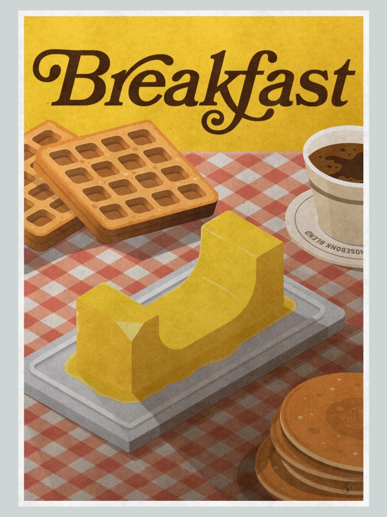 Vintage-inspired skateboarding poster showing a butter block shaped like a skate halfpipe on a breakfast table