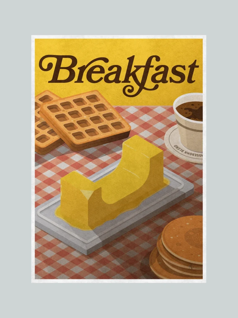 Vintage-inspired skateboarding poster showing a butter block shaped like a skate halfpipe on a breakfast table