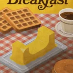 Vintage-inspired skateboarding poster showing a butter block shaped like a skate halfpipe on a breakfast table