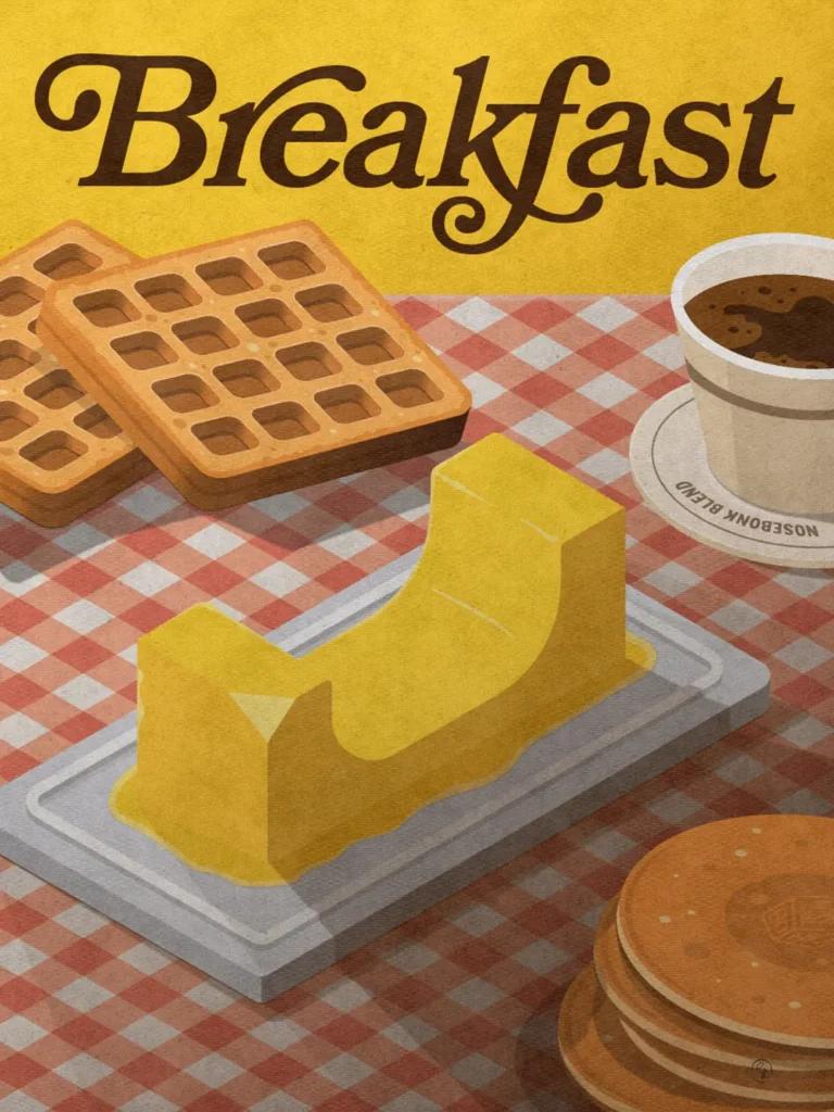 Vintage-inspired skateboarding poster showing a butter block shaped like a skate halfpipe on a breakfast table