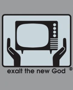Alien Workshop skateboard graphic — TV held up as offering, exalt the new God. Everyday mass media symbol recontextualized as social commentary in skate graphic design