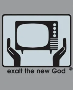 Alien Workshop skateboard graphic — TV held up as offering, exalt the new God. Everyday mass media symbol recontextualized as social commentary in skate graphic design
